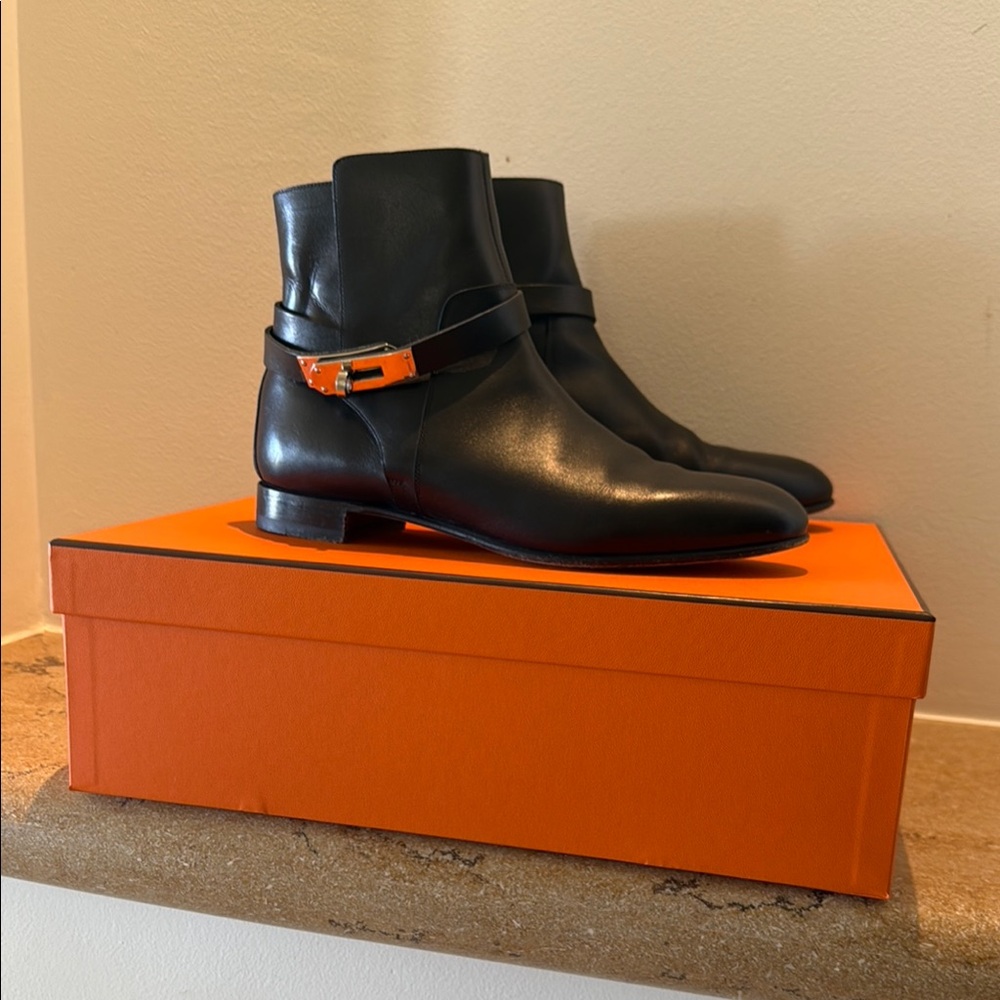 Hermes Black Ankle Boots with Strap Detail